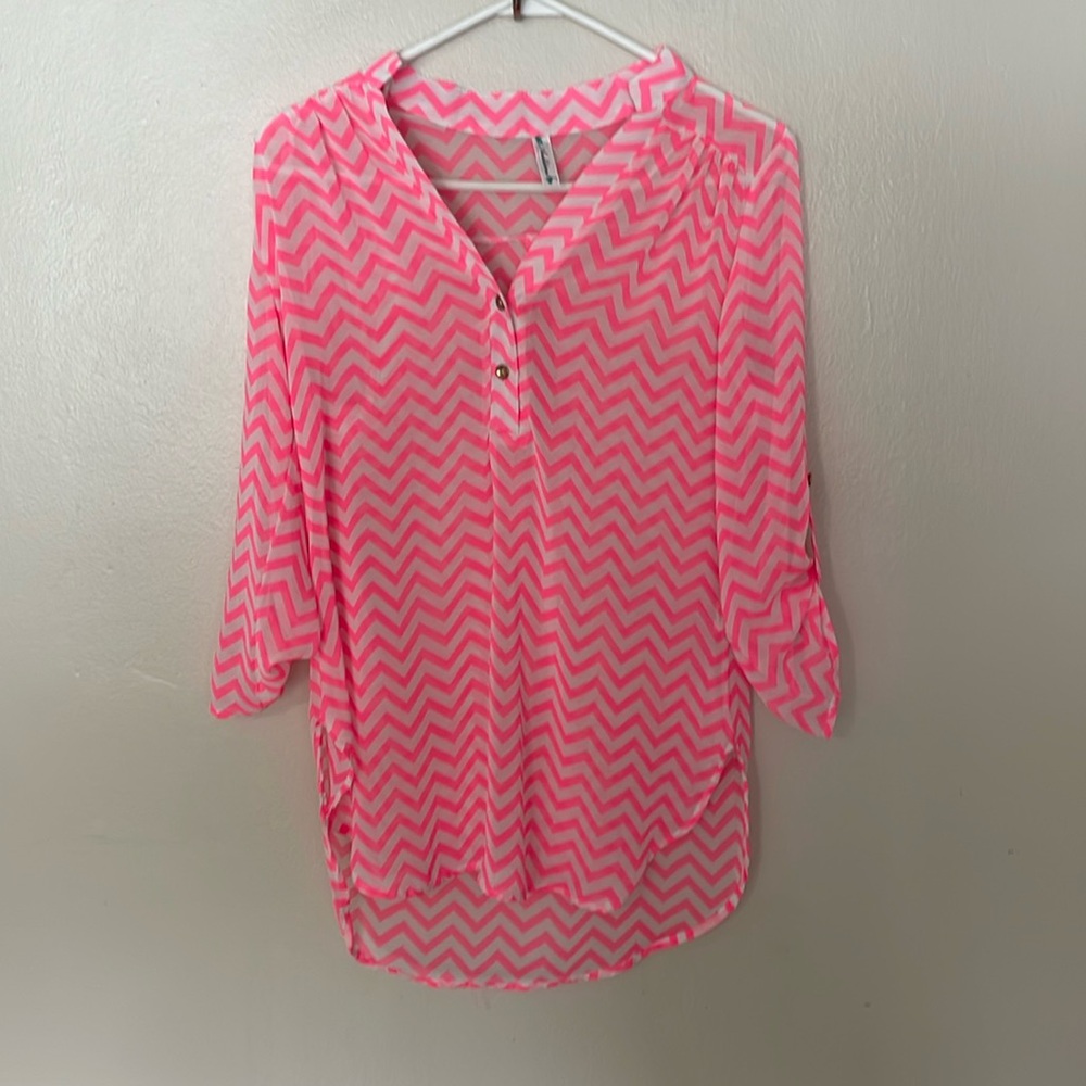 Auditions Hot Pink Chevron Sheer Blouse. Small